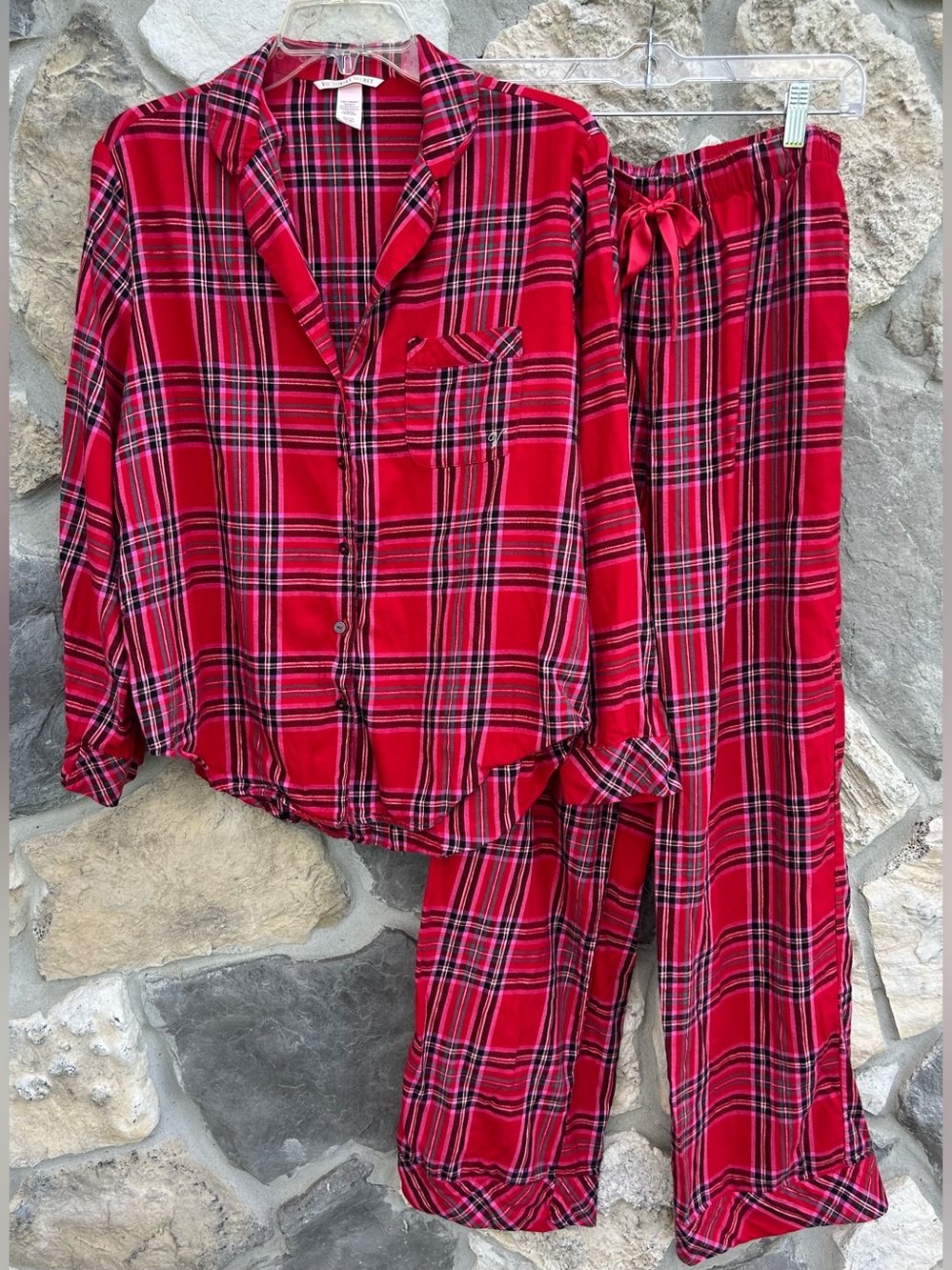 Victorias Secret Pajama Set Size S Red Pink Plaid Lightweught Cotton Holiday